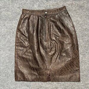 Glen Wood Womens Straight Skirt Brown Leather Knee Length Textured Slit Zipper 6
